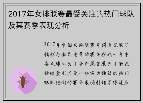 2017年女排联赛最受关注的热门球队及其赛季表现分析