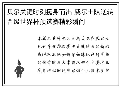 贝尔关键时刻挺身而出 威尔士队逆转晋级世界杯预选赛精彩瞬间