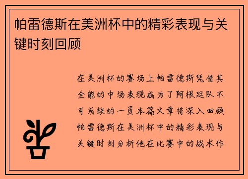 帕雷德斯在美洲杯中的精彩表现与关键时刻回顾
