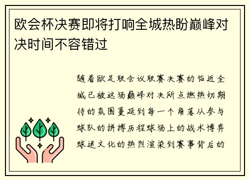 欧会杯决赛即将打响全城热盼巅峰对决时间不容错过