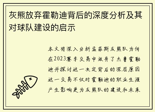 灰熊放弃霍勒迪背后的深度分析及其对球队建设的启示